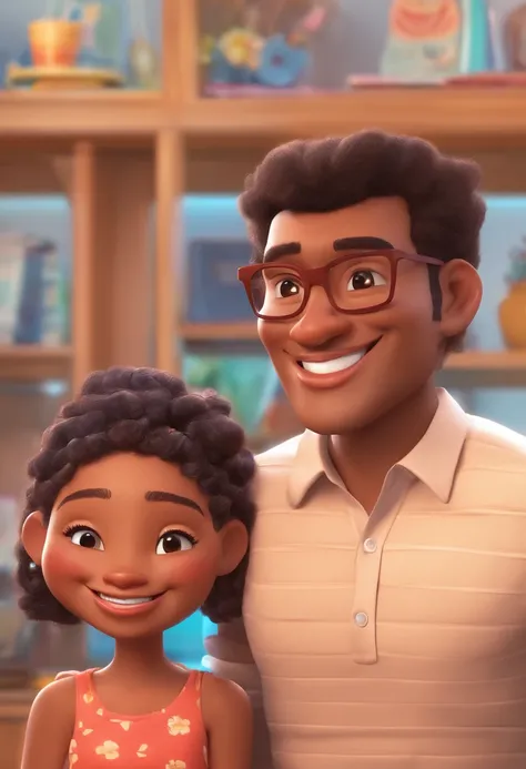 An illustration of an adorable couple, Highlight for a chubby mulatto man with glasses smiling and a brunette woman with beautiful expressive eyes - the mans skin is mulatto and the mans hair haswhile the womans skin is black and the womans hair is straigh...