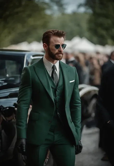 Imagine Chris Evans, the distinguished actor, gracefully striding down a red carpet, clad in an impeccable deep bluish-green velvet tuxedo. His attire exudes elegance, pairing the tuxedo with black dress pants and a pristine white shirt adorned with a prec...