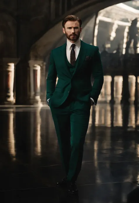 Imagine Chris Evans, the distinguished actor, gracefully striding down a red carpet, clad in an impeccable deep bluish-green velvet tuxedo. His attire exudes elegance, pairing the tuxedo with black dress pants and a pristine white shirt adorned with a prec...