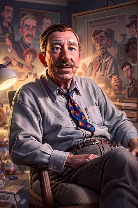 a portrait of Walt Disney sitting in his work room working on his next project, florescent light, animation study room background, ultra detailed, Masterpiece, best quality, photorealistic,