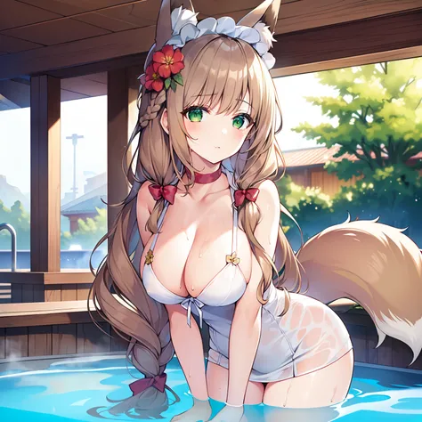 Masterpiece, Best quality, high resolution, 1girll, Solo, Oversized fox tail，Green eyes，(Long brown hair_Sideways French braided hair)，Small flower headdress, (27years old，Big breasts wife)_Mature female figure_F Cup，Modern architecture，At a hot spring inn...