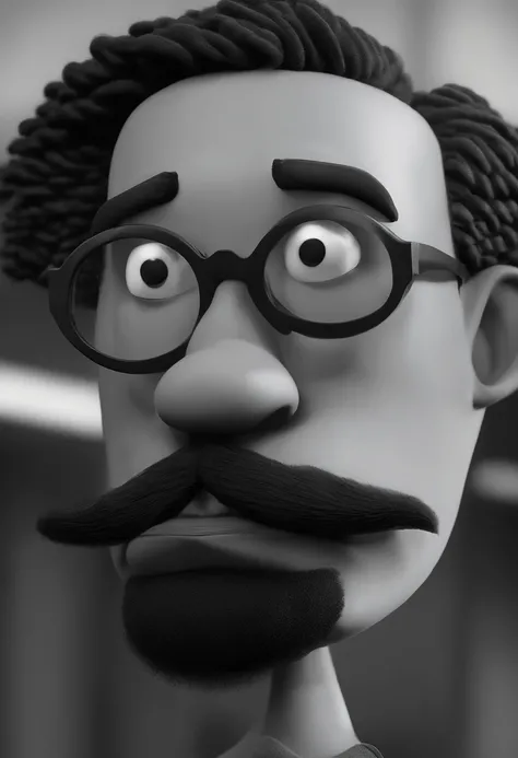 Cartoon character of a black man with mustache and goatee wearing black glasses and a black shirt, cortando um cabelo loiro , um personagem animado, Caractere estilizado, animation style rendering, 3D estilizado, Arnold Maya render, 3 d render stylized, to...