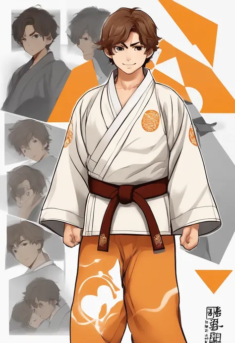 Um menino de 10 anos, bonito, de olhos grandes e cor castanho, cabelos loiro escuro, sorridente, nariz fino e pequeno, olhos grandes, who wears a judo kimono with a yellow belt with an orange tip good art, bom desenho, Anime 2D, 2D, fofo, 2 hands and 5 fin...