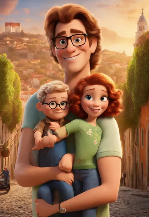 a Disney Pixar movie poster showing a family with 3. The father is the blond with green eyes and wears black prescription glasses, Tem barba curta, cabelos curtos e espinhosos, Its mothers size. The mother has brown eyes and long red hair , wears brown pre...