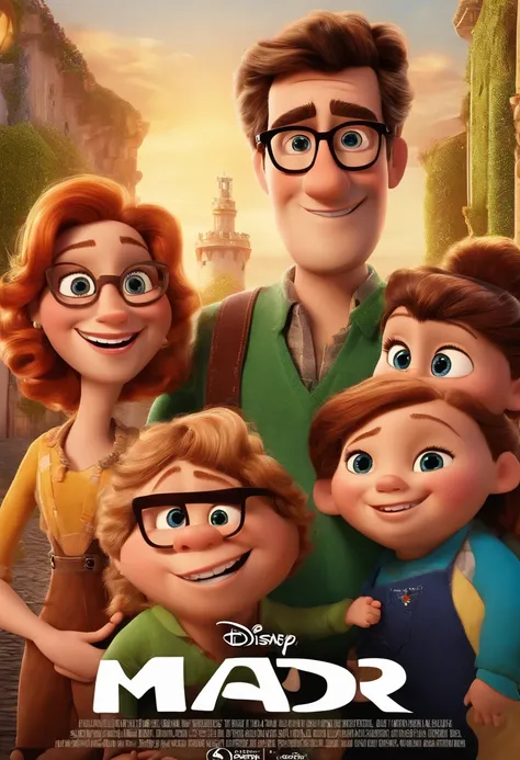 a Disney Pixar movie poster showing a family with 3. The father is the blond with green eyes and wears black prescription glasses, Tem barba curta, cabelos curtos e espinhosos, Its mothers size. The mother has brown eyes and long red hair , wears brown pre...