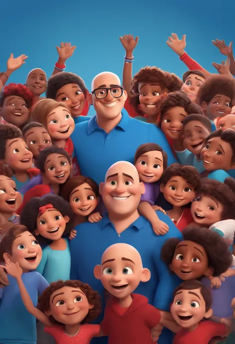 Disney Pixar Character Political Man 38 Years Old Smiling Bald Hair with Shaved Brown Tuft Hugging Children Blue Shirt and Red Scarf with Population Holding Poster with Bruno Correia Name on happy blue and red background.