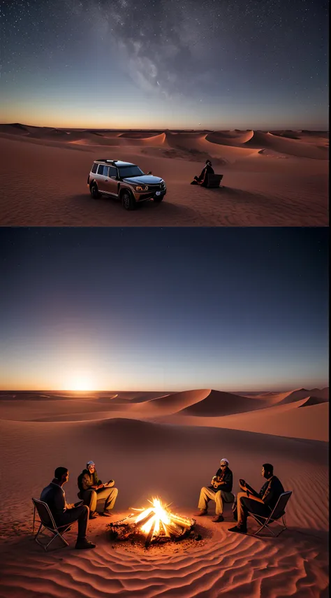 3 Arabs in the Sahara Desert at night sitting by the campfire watching the stars and 2 Nissan patrol safari cars parked next to them Ultra high res.photorealistic:.1.4,UHD iPhone 14 camera quality