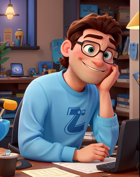 Uma imagem estilo da disney pixar de designer grafico sentado de frente para um computador, Sleeping with his arms on the table and his face hidden, Put a cup of coffee on the side