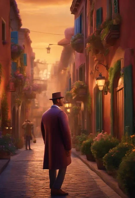 A city councilman looking at a dream project inspired by Pixar animation, de perto. The character takes center stage with captivating facial expressions, oferecendo um toque de irrealidade