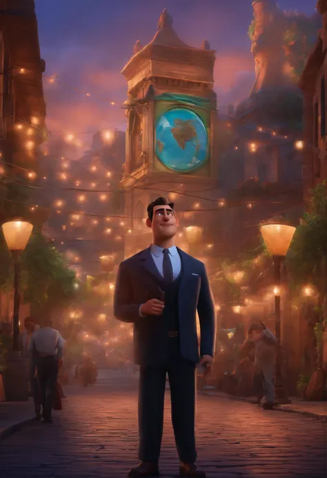 A city councilman looking at a dream project inspired by Pixar animation, de perto. The character takes center stage with captivating facial expressions, oferecendo um toque de irrealidade