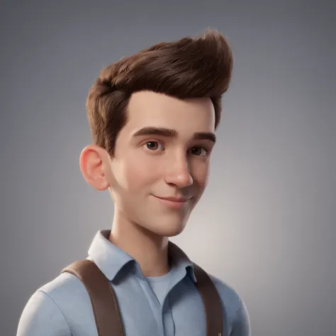 personagem dos desenhos animados de um JOVEM de cabelo preto vestindo camisa xadrez, sentado em frente a uma mesa de trabalho, com o  computador trabalhando, animation character, Caractere estilizado, animation style rendering, 3D estilizado, Arnold Maya r...