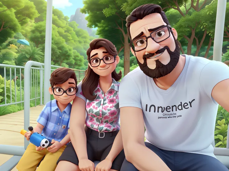 Um homem (Barba fechada, Alto, Magro, Cabelo castanho, Side-to-the-side hairstyle with black glasses), um menino (Cabelo curdo de cor castanho claro, without glasses, with a toy in hand), uma mulher (com Cabelos com mechas loiras, without glasses) are in a...