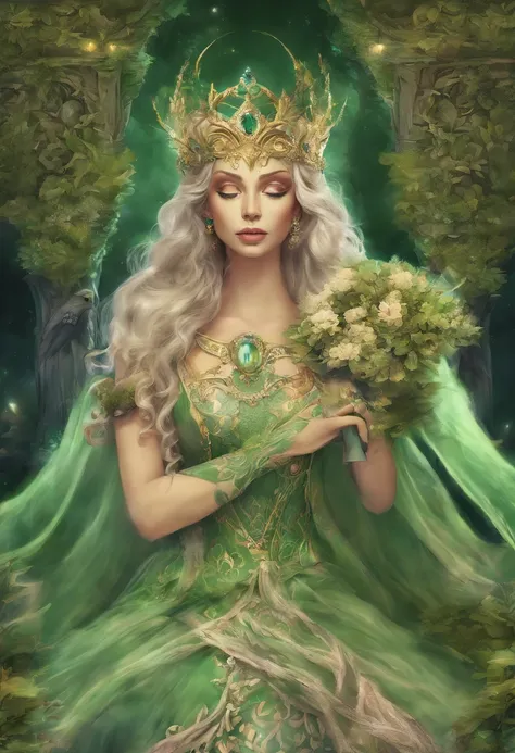 An elf of incomparable beauty sits on a carved wooden throne, cercada por flores e folhas. She wears a long, flowing dress in green, que combina com os seus olhos claros. Ela usa joias de ouro e pedras preciosas, que refletem a luz do sol que entra pelas j...