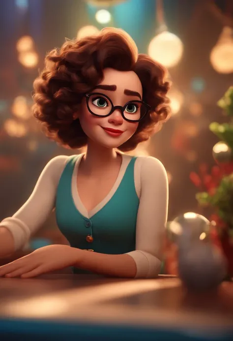 Pixar style image with 3D character white glasses brunette woman short curly hair dancing, Maquiagem Disney,Pescador, bonitinho, sorridente ,Close-up, Pixar, Disney, Cinema lighting,