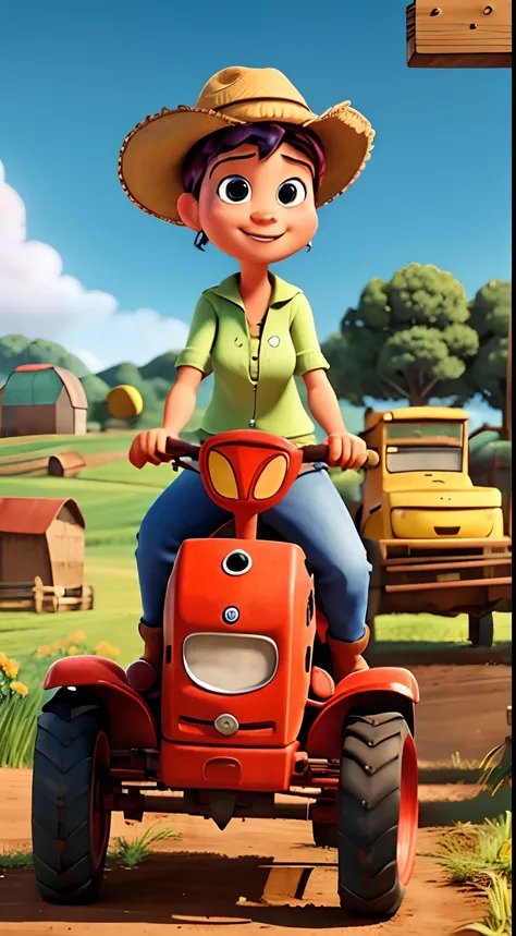 PIXAR CHARACTER STYLE IN HAT DRIVING TRACTOR ON FARM, HIGH QUALITY, TALL BODY, VIVID COLORS