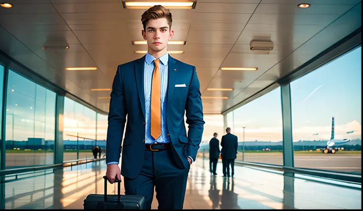 Image of young man standing with orange tie at airport