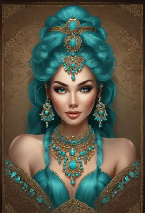 Meisterwerk, best quality, Ultra-detailliert, Illustration,(1girls),beautiful detailed eyes, Blick auf den Betrachter, (Halten einer Computertastatur), happy, (turquoise hair:1), (blaue, abgerundete Augen:1), (runder Ohrring), (Turquoise necklace with larg...