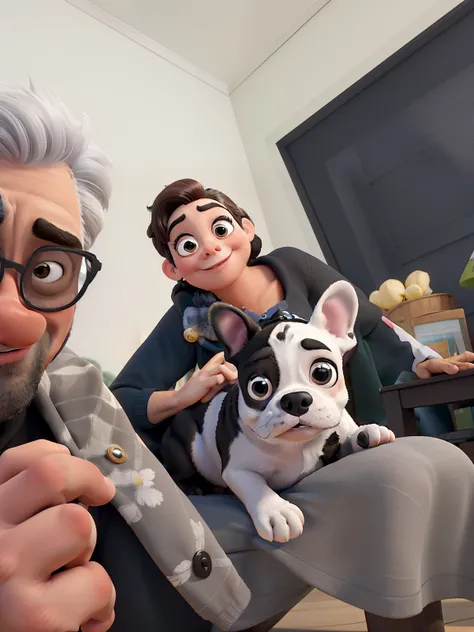 Um homem,  a woman and a black and white french bulldog dog in Disney pixar style, alta qualidade, melhor qualidade