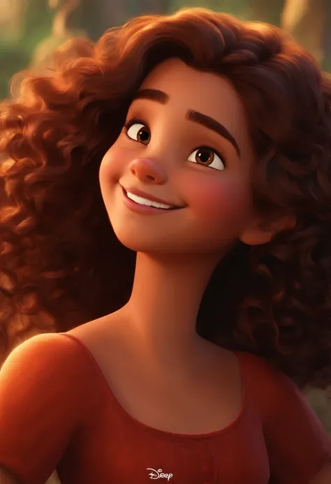 Personagem disney pixar menina adolescente cabelo liso castanho olho castanho amendoado de sorriso feliz rosto oval com castelo da disney de fundo