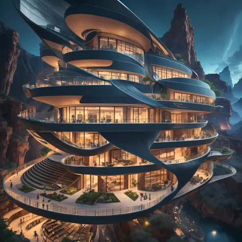 futuristic sci-fi masterpiece, cybernetic residential beehive pod architecture designs carved inside of grand canyon caves , rea...