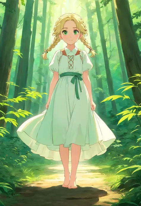 Young pale girl with two blonde braids to the waist, light green eyes, In a white antique dress and barefoot stands in the middle of the forest