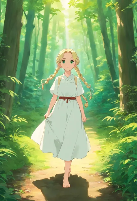 Young pale girl with two blonde braids to the waist, light green eyes, In a white antique dress and barefoot stands in the middle of the forest