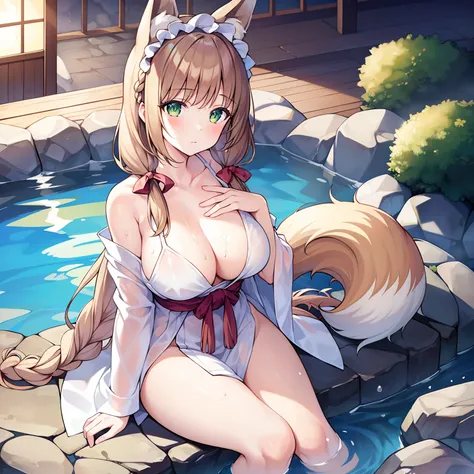 Masterpiece, Best quality, high resolution, 1girll, Solo, Oversized fox tail，Green eyes，(Long brown hair_Sideways French braided hair)，Small flower headdress, (27years old，Big breasts wife)_Mature female figure_F Cup，Modern architecture，in Japan_Hot Spring...