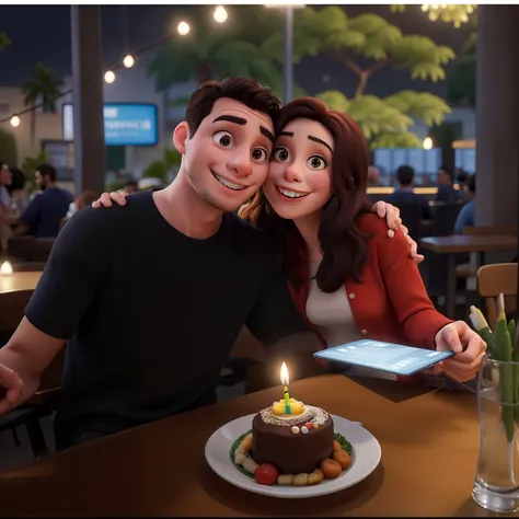 casal sorridente sentado em uma mesa com um bolo e um comprimido, celebrating a birthday, 2 9 anos, 2 4 anos, 2 3 anos, 21 anos, foto do perfil, fotografia tirada em 2 0 2 0, 2 8 anos, he is! cerca de 3 0 anos de idade, Fotografia tirada em 2 0 2 0, imagem...