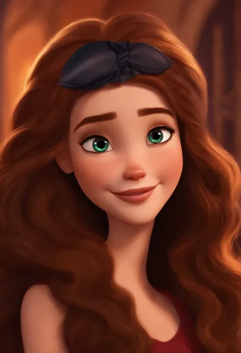 Personagem disney pixar menina adolescente cabelo liso castanho olhos marrom amendoado de sorriso feliz rosto oval com castelo da disney de fundo