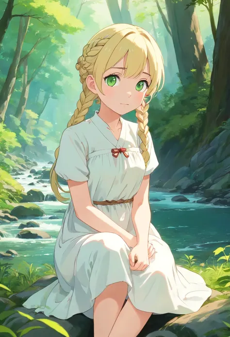 Pale girl with two blonde braids to the waist, light green eyes, In a white old dress and barefoot sits in the middle of the forest near a mountain river