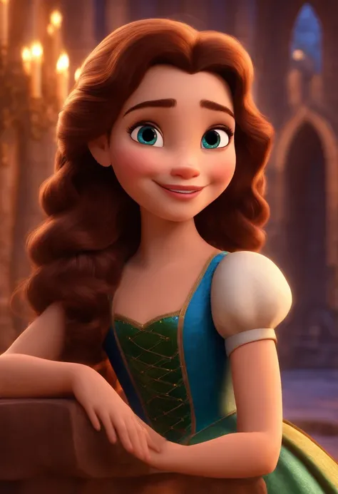 Personagem princesa branca disney pixar menina adolescente cabelo liso castanho olhos marrom de sorriso feliz rosto oval com castelo da disney de fundo