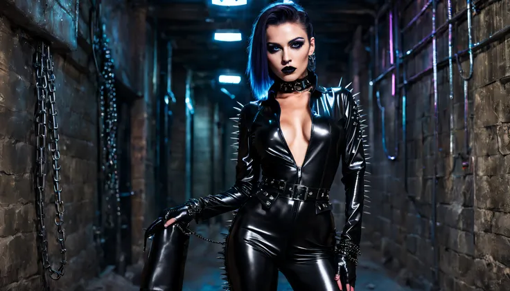 cyberpunk woman wearing black shiny low-cut pvc jumpsuit , wearing thigh high boots , chains , spikes and studs , in cyberpunk crypt at night , inlightened with neons