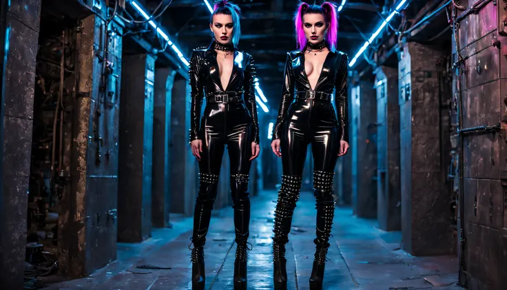 cyberpunk woman wearing black shiny low-cut pvc jumpsuit , wearing thigh high boots , chains , spikes and studs , in cyberpunk crypt at night , inlightened with neons