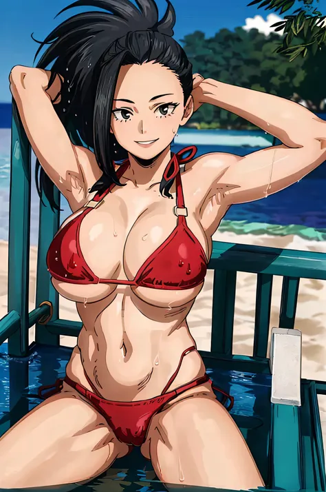 yaoyoruzumomo,beach,hair pulled back, ponytale, bunny girl, (best quality, masterpiece, RAW photo,ultra-detailed:1.2), 1girl,solo,looking at viewer,smile, ((huge breasts)), ((wet)), ((red bikini)), squad, ((spread legs)), ((arms behind head))