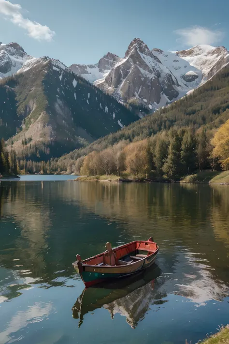 (best quality, highres, ultra-detailed, realistic:1.37), vibrant landscape, beautiful green grass, serene lake with ducks swimming, a still red boat, a Golden Retriever dog nearby, snow-capped mountains in the background