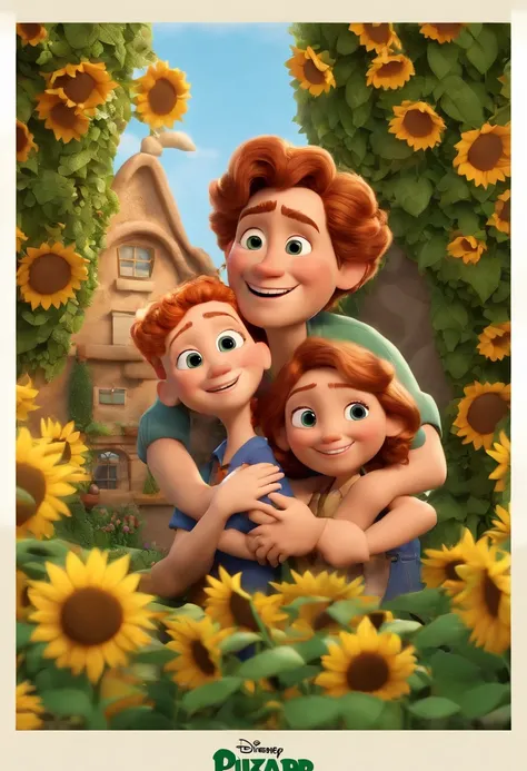 Create a Disney PIXAR-style 3D poster. ((centro da imagem, fami)), ((3 pessoas)) ((1 Child)) ((Theyre hugging each other, O menino tem pele castanha e cabelos castanhos escuros e olhos castanhos escuros, The father is blond with green eyes, He has a beard ...