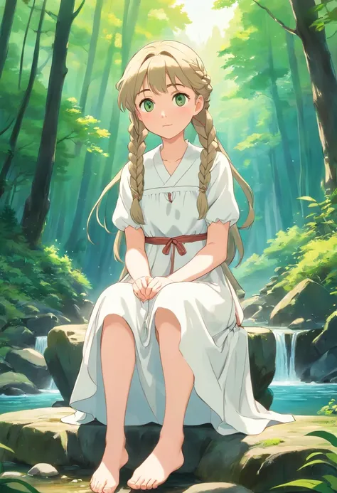 Pale girl 20 years old, with two waist-length dark blonde braids, gray-green eyes, In a white old dress and barefoot sits in the middle of the forest near a mountain river