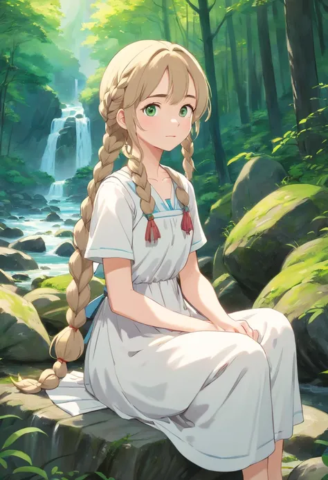 Pale girl 20 years old, with two waist-length dark blonde braids, gray-green eyes, In a white old dress and barefoot sits in the middle of the forest near a mountain river