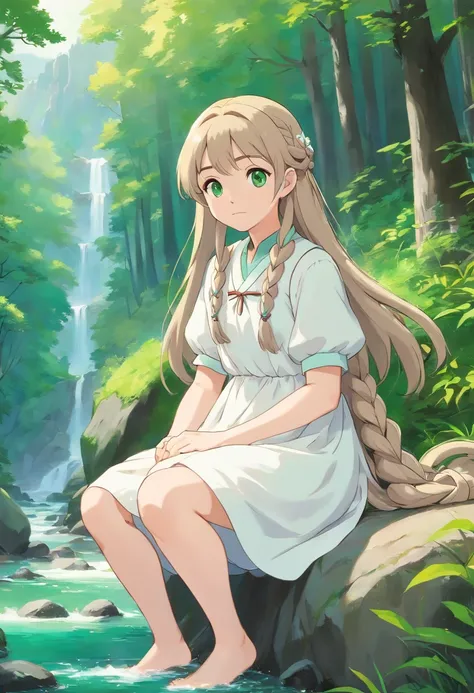 Pale girl 20 years old, with two waist-length dark blonde braids, gray-green eyes, In a white old dress and barefoot sits in the middle of the forest near a mountain river