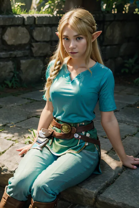 princess zelda, 1girl, artist request, belt, blonde hair, blue shirt, book, boots, expressionless, full body, green eyes, highres, looking at viewer, magic, nintendo, pants, pointy ears, shirt, short hair, simple background, solo, the legend of zelda, the ...