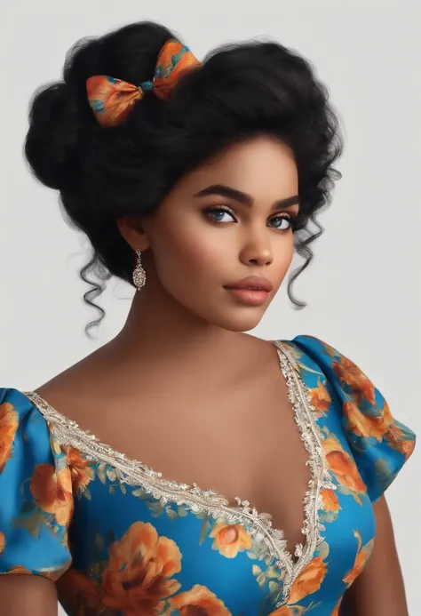 Post Disney Pixar.  The person is a very young girl, cabelo preto medio liso com poucas ondas, olhos castanho, morena clara, alegre, em um studio de moda vestida com roupa comportada azul clara