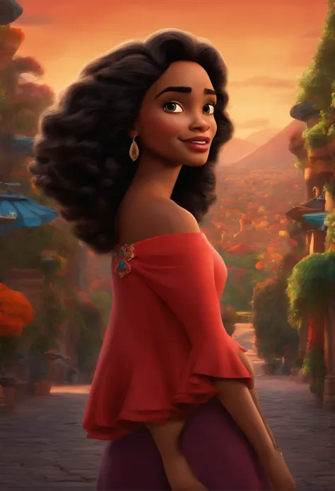 Post Disney Pixar.  The person is a beautiful young woman, cabelo preto medio liso ondulado, olhos castanho, morena clara, alegre, em um studio vestida com blusa braca e casaco vermelho