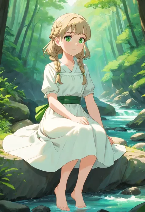 Pale girl 20 years old, with two waist-length dark blonde braids, gray-green eyes, in a white vintage dress with a green belt, and sits barefoot in the middle of the forest by a mountain river