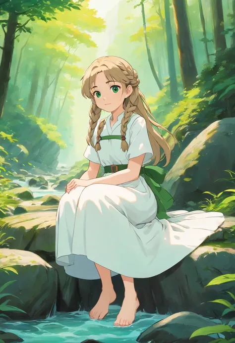 Pale girl 20 years old, with two waist-length dark blonde braids, gray-green eyes, in a white vintage dress with a green belt, and sits barefoot in the middle of the forest by a mountain river