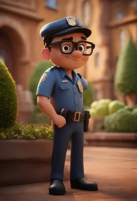 Cartoon character of a man with black glasses, com lente espelhada, and a black Federal Police shirt, animation character, Caractere estilizado, animation style rendering, 3D estilizado, Arnold Maya render, 3 d render stylized, toon render keyshot, Persona...