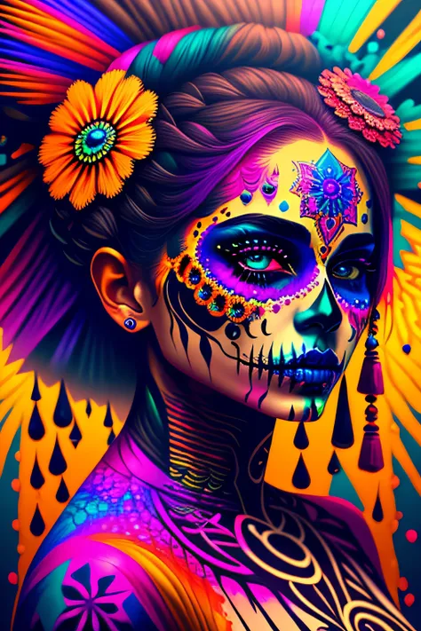 in a psychedelic style a representation of the Day of the Dead on a female face, magnificent and detailed. Lots of texture and an explosion of multiple colored powder in the background