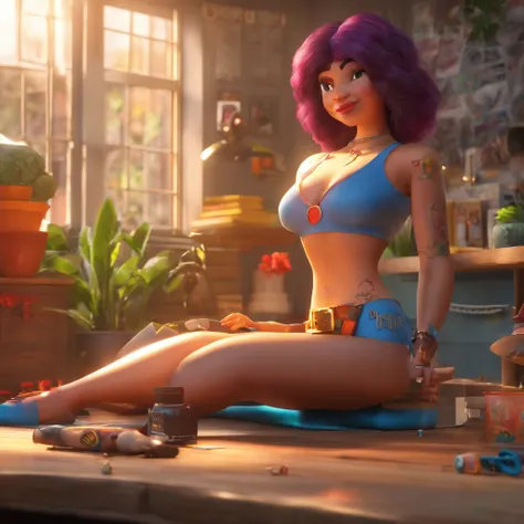 create a 3D movie poster inspired by Disney Pixar, The scene should be in Pixars signature digital art style, com uma imagem caricatural que lembra a cantora brasileira "Anita" in the prone position, Wearing a bikini while a tattoo artist is sitting tattoo...