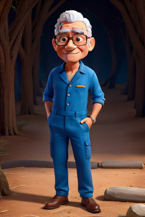 Um senhor de uns 60 anos, com o cabelo na cor branca, Wearing an inner body jumpsuit in blue color, with prescription glasses, mecanico, alta qualidade