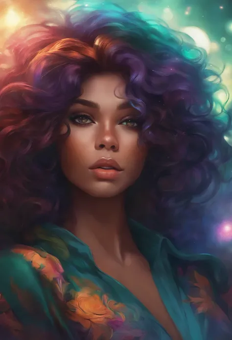 Close-up de uma mulher com cabelo colorido e colar, Anime Girl with Cosmic Hair, vitalidade suave de Ross, obra no estilo Guvez, estilo de arte de fantasia, colorido], estilo de fantasia vibrante, Ross cartoon cheio de vitalidade, universo e colorido, Guwe...