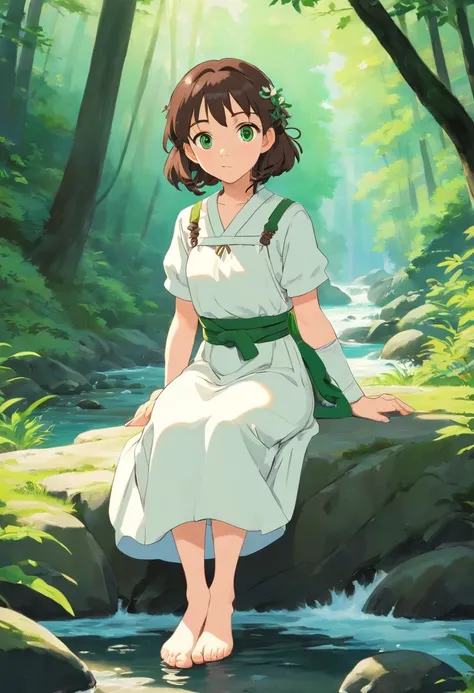 Pale girl 20 years old, with two dark brown braids below the waist, gray-green eyes, in a white vintage dress with a green belt, and sits barefoot in the middle of the forest by a mountain river